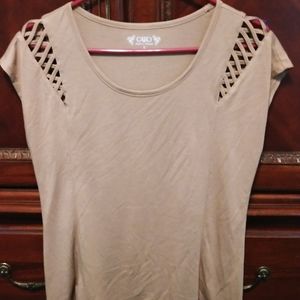 Tan colored top with cut out on shoulders